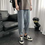 Summer Solid Color Cropped Jeans Men's Large Size Sports Loose Retro Straight Casual Pants Men Jeans