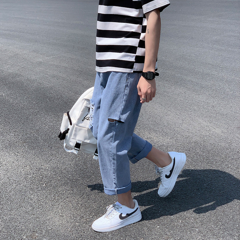 Summer Jeans Men's Large Size Sports Loose Straight Light Color Cropped Retro Pants Pants Men's Men Jeans