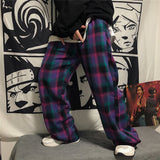 Harajuku Clothing Straight Leg Pant Baggy Pants Summer Vintage Plaid Straight Wide Leg Pants Trousers for men Casual Pants Fashion