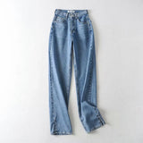 100 Cotton Jeans Women Summer Wide Leg Women Loose High Waist Straight Side Slit Mop Trousers
