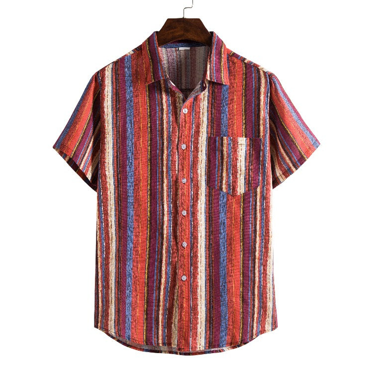 Men's Loose Striped Short Sleeve plus Size Sports Retro Fashion Casual Thin Men Shirt