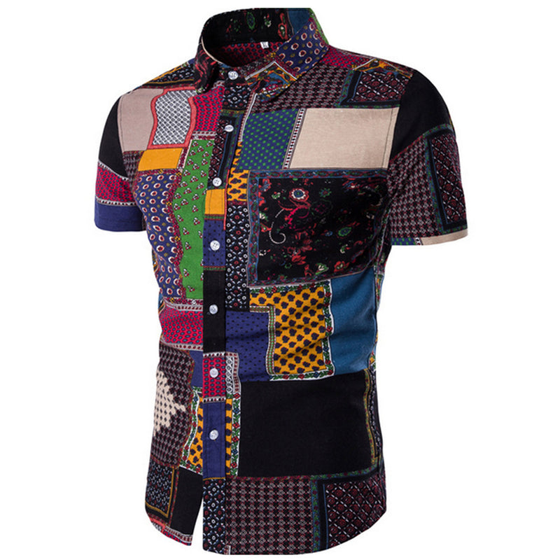 Men's Summer Large Size Retro Casual Short-Sleeved Shirt Slim-Fit Printed Shirt Men Shirt