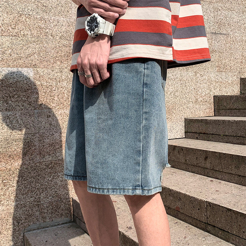 Spring and Summer Large Size Retro Sports Denim Shorts Men's Loose Straight Casual Shorts Men's Men's Jeans