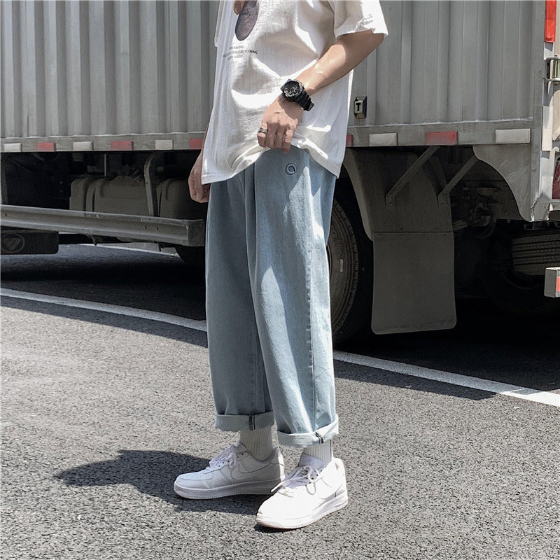 Spring and Summer Retro Ankle Length Ankle-Tied Large Size Loose Retro Sports Jeans Men's Straight Casual Pants Men's Men's Jeans