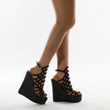 Black Strappy Heels Fashion Hollowed-out Wedge Sandals High Heel Women's Shoes