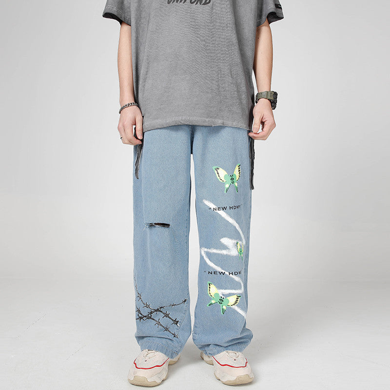 Butterfly Graffiti Printing Jeans Men's European and American Street Style Casual Straight Pants Loose Fashion Brand Harem Wide Leg Pants Men Denim Pants