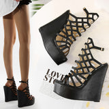 Black Strappy Heels Hollow-out Wedge Sandals High-Top Peep Toe Roman Shoes