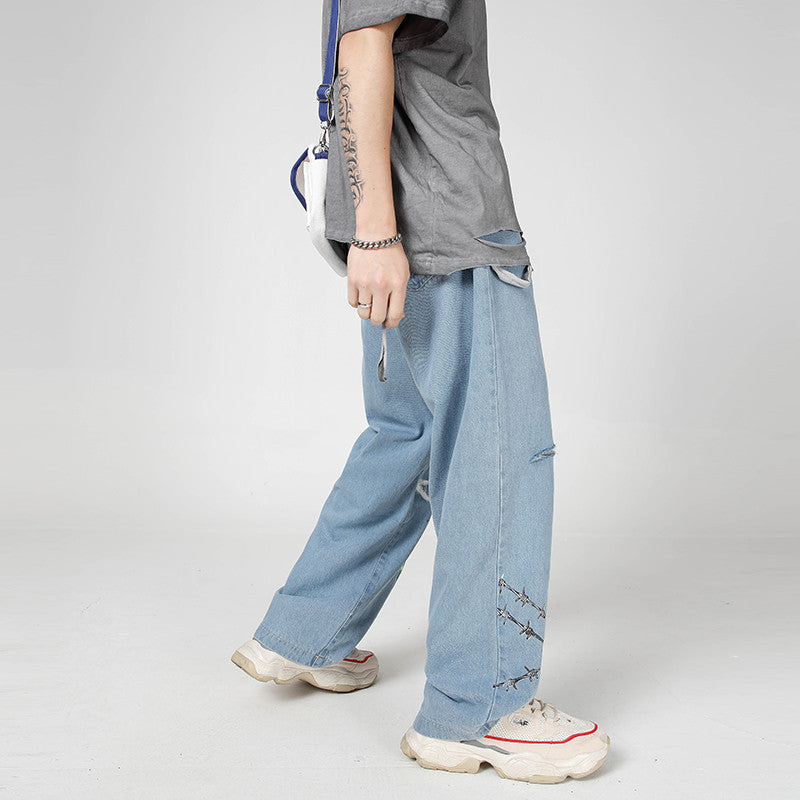 Butterfly Graffiti Printing Jeans Men's European and American Street Style Casual Straight Pants Loose Fashion Brand Harem Wide Leg Pants Men Denim Pants