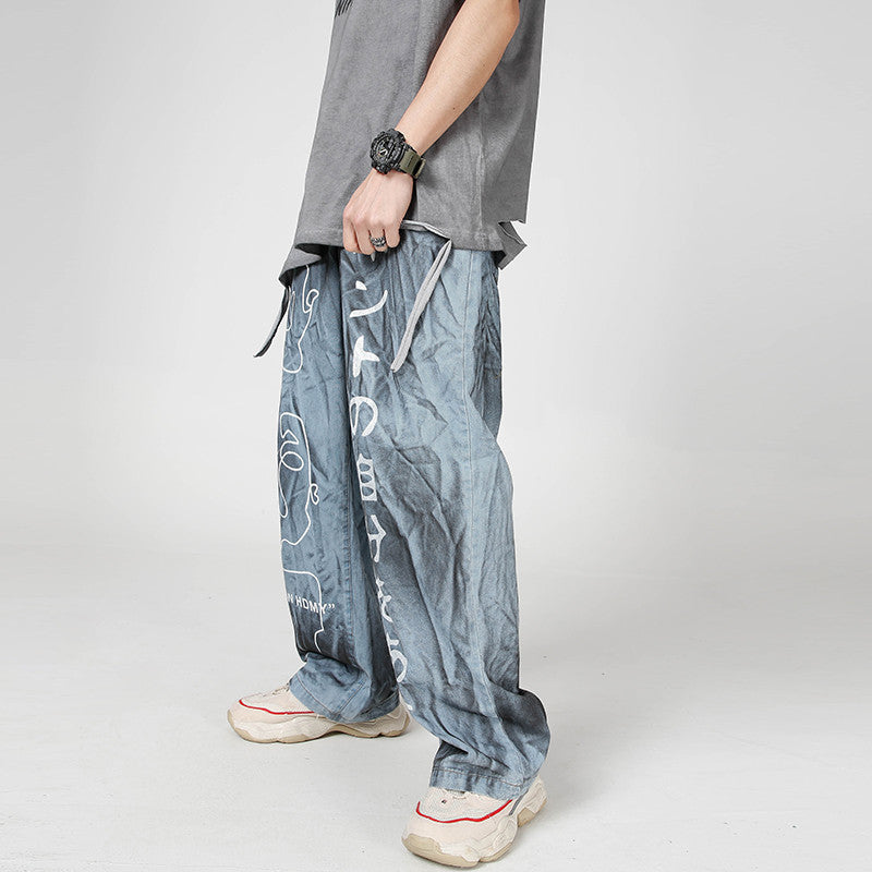 Printed Denim Trousers plus Size Retro Sports Trousers Loose Straight Men's Men Denim Pants