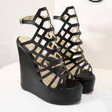 Black Strappy Heels Hollow-out Wedge Sandals High-Top Peep Toe Roman Shoes