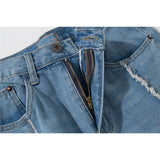 Men Jean Shorts Frayed Hem Design Denim Shorts Men's Decorative Rivets Casual Straight-Leg Middle Pants