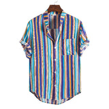 Men's Stand Collar Striped Short Sleeve plus Size Sports Retro Fashion Trends Casual Men Shirt
