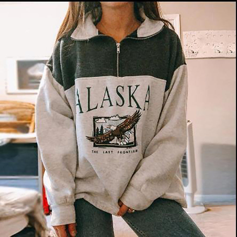 Alaska Zip Jacket Autumn Women Clothing Fashion Polo Collar Printed Long-Sleeved Top