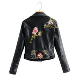 Women's Leather Jacket with Patches Flower Embroidered PU Leather Jacket Women's Decorative Rivets Slim-Fit Leather Jacket