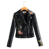 Women's Leather Jacket with Patches Flower Embroidered PU Leather Jacket Women's Decorative Rivets Slim-Fit Leather Jacket