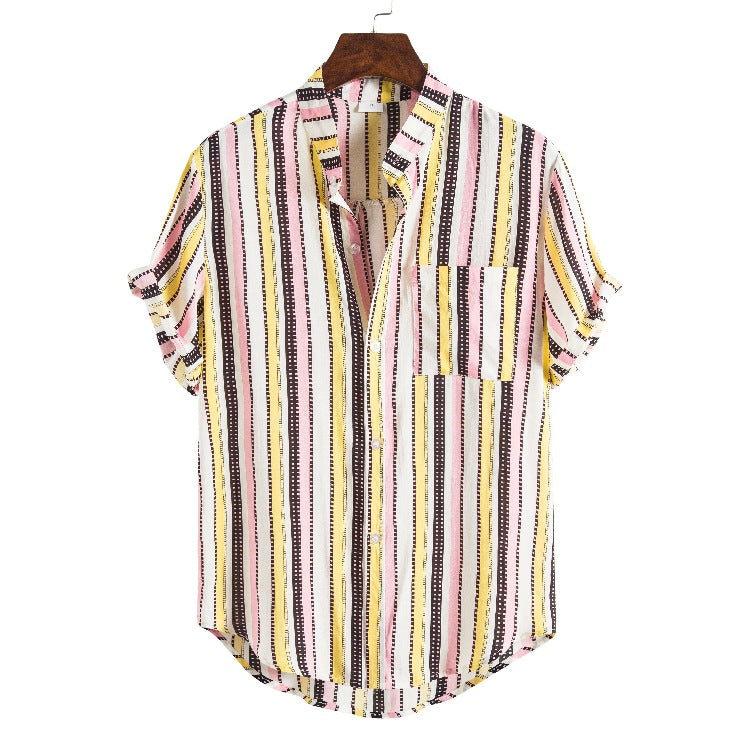 Men's Stand Collar Striped Short Sleeve plus Size Sports Retro Fashion Trends Casual Men Shirt