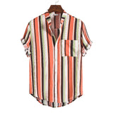 Men's Stand Collar Striped Short Sleeve plus Size Sports Retro Fashion Trends Casual Men Shirt