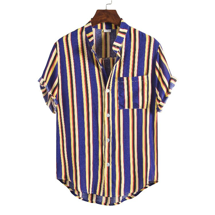 Men's Stand Collar Striped Short Sleeve plus Size Sports Retro Fashion Trends Casual Men Shirt