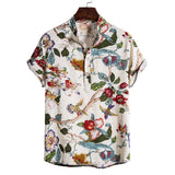 Men's Stand Collar Floral Cotton and Linen Short Sleeve plus Size Sports Retro Fashion Casual Men Shirt