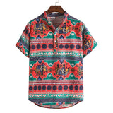 Men's Stand Collar Floral Cotton and Linen Short Sleeve plus Size Sports Retro Fashion Casual Men Shirt