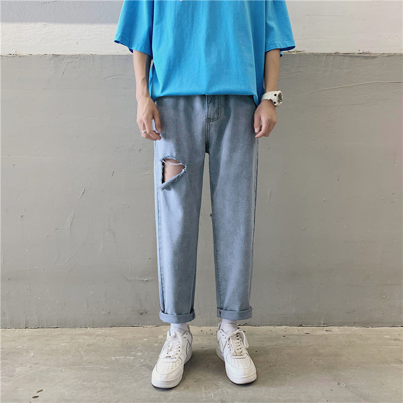 Summer Jeans Men's Loose Cropped Pants Men's Large Size Retro Sports Denim Trousers Men's Jeans