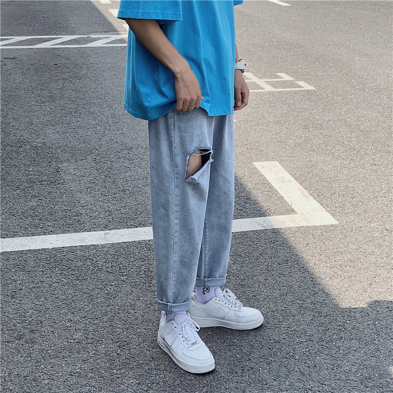 Summer Jeans Men's Loose Cropped Pants Men's Large Size Retro Sports Denim Trousers Men's Jeans