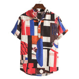 Men's Stand Collar Printed Cotton and Linen Short Sleeve plus Size Retro Sports Youth Fashion Casual Men Shirt