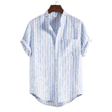 Men's Stand Collar Striped Short Sleeve Youth Fashion Trends Casual Men Shirt