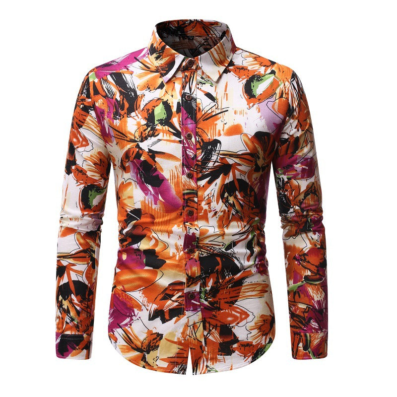 Men's Loose Printed Long Sleeve plus Size Retro Sports Youth Fashion Trends Casual Men Shirt