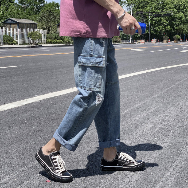 Summer Retro Jeans Men's plus Size Exercise Pants Loose Student Ankle-Length Straight-Leg Pants Men Jeans