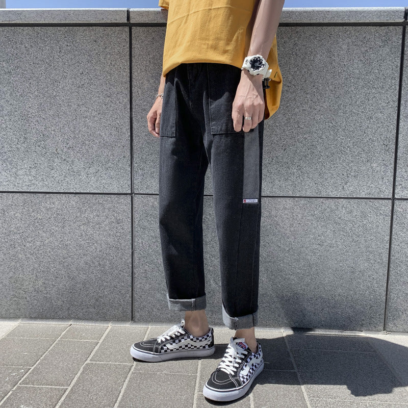 Summer plus Size Retro Sports Casual Loose Stitching Cropped Trousers Jeans Men's Men Jeans