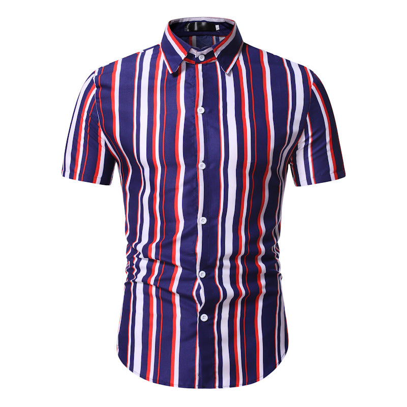 Men's Slim Striped Casual Business Youth Fashion Short Sleeve plus Size Retro Sports Men Shirt