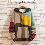 Men's Large Size Retro Sports Sweater Men's Loose Patchwork Sweater Trendy Fashion Hooded Color Contrast Casual Top Men Spring Hoodie