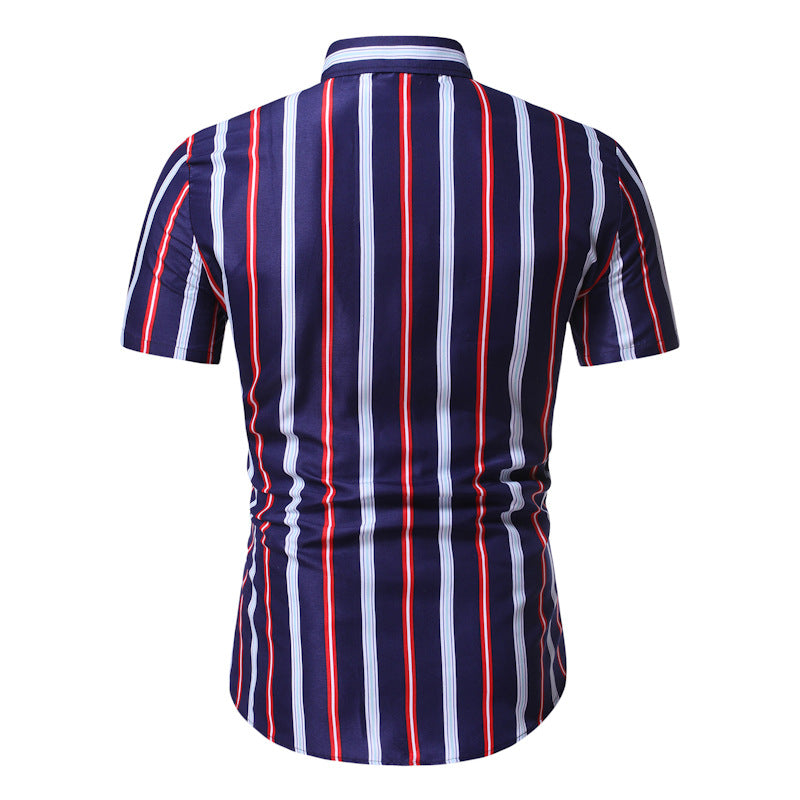 Men's Slim-Fit Striped Short Sleeves Youth Fashion Business Casual plus Size Retro Sports Men Shirt