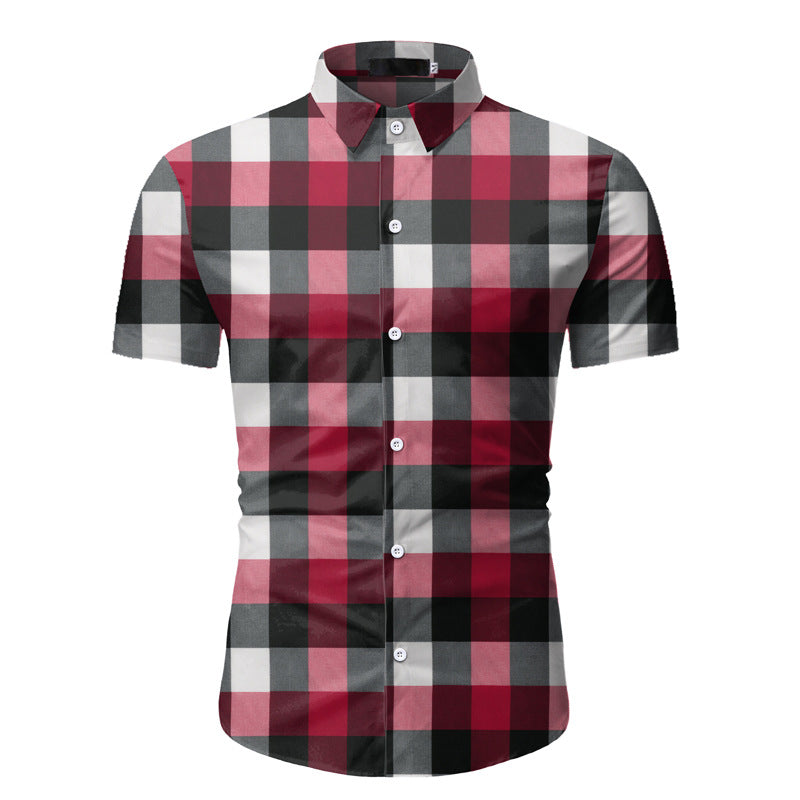 Men's Slim Fit Short Sleeve Plaid plus Size Retro Sports Youth Fashion Casual Men Shirt
