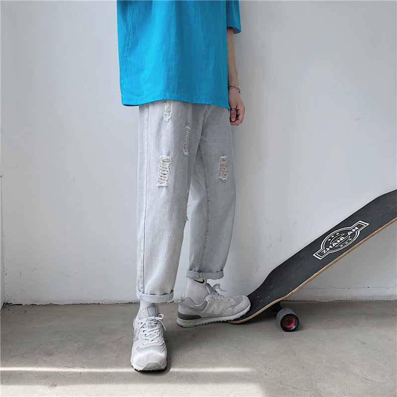 Summer Men's Cropped Jeans Large Size Retro Sports Casual Trousers Straight Loose Pants Men Jeans