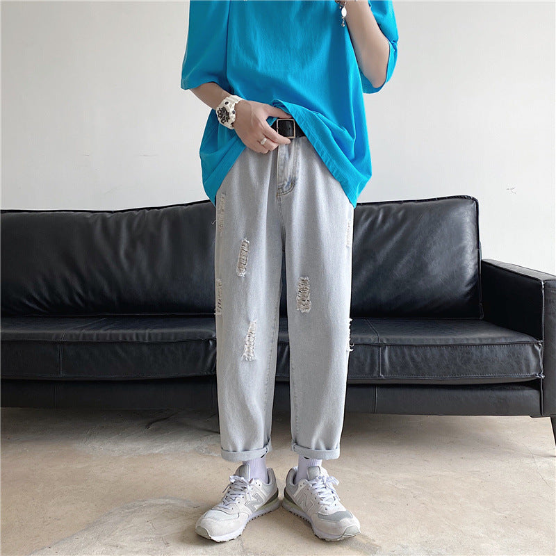Summer Men's Cropped Jeans Large Size Retro Sports Casual Trousers Straight Loose Pants Men Jeans