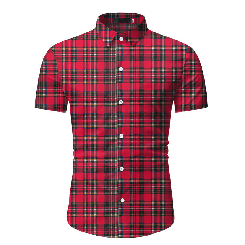 Men's Slim-Fit Short-Sleeved Plaid Youth Fashion Trends Casual plus Size Retro Sports Men Shirt