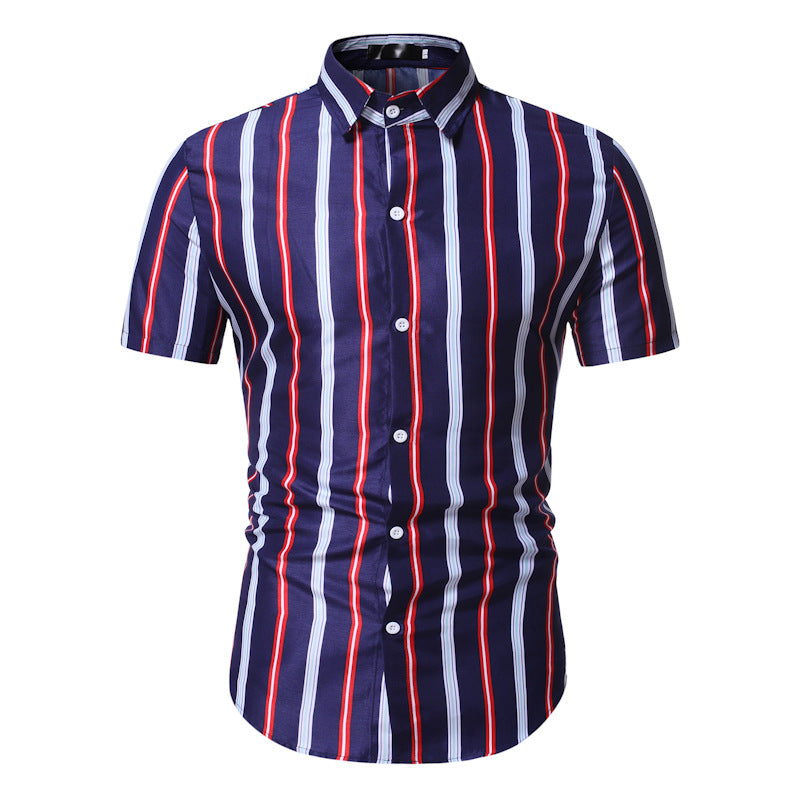 Men's Slim-Fit Striped Short Sleeves Youth Fashion Business Casual plus Size Retro Sports Men Shirt
