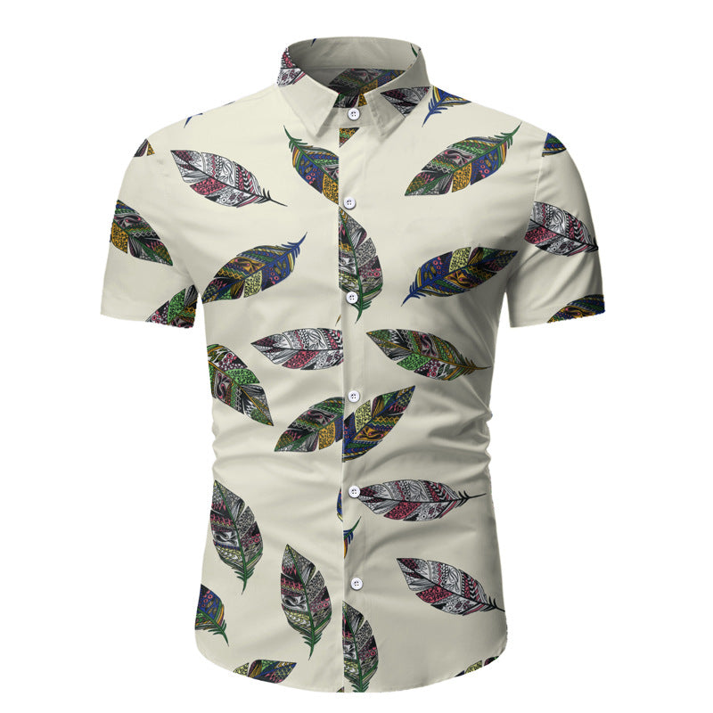 Men's Slim Print plus Size Retro Sports Short Sleeve Flower Youth Fashion Casual Beach Style Men Shirt
