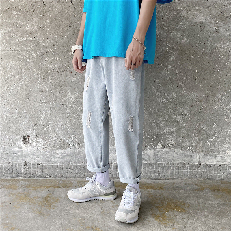 Summer Men's Cropped Jeans Large Size Retro Sports Casual Trousers Straight Loose Pants Men Jeans