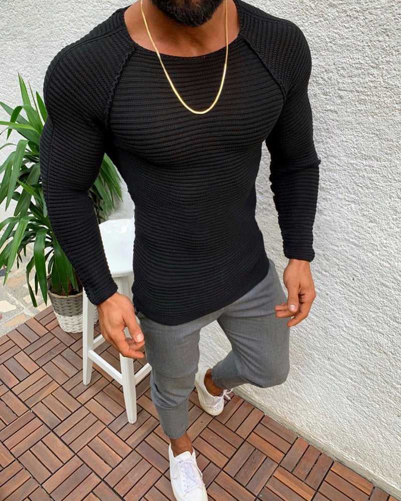 Long Sleeve Round Neck Knitted Pullover Sweater for Men