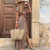 Red Peasant Dress Fashionable Bohemian Style V-neck Floral Dress