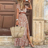 Red Peasant Dress Fashionable Bohemian Style V-neck Floral Dress