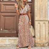 Red Peasant Dress Fashionable Bohemian Style V-neck Floral Dress
