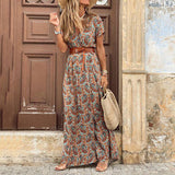 Red Peasant Dress Fashionable Bohemian Style V-neck Floral Dress