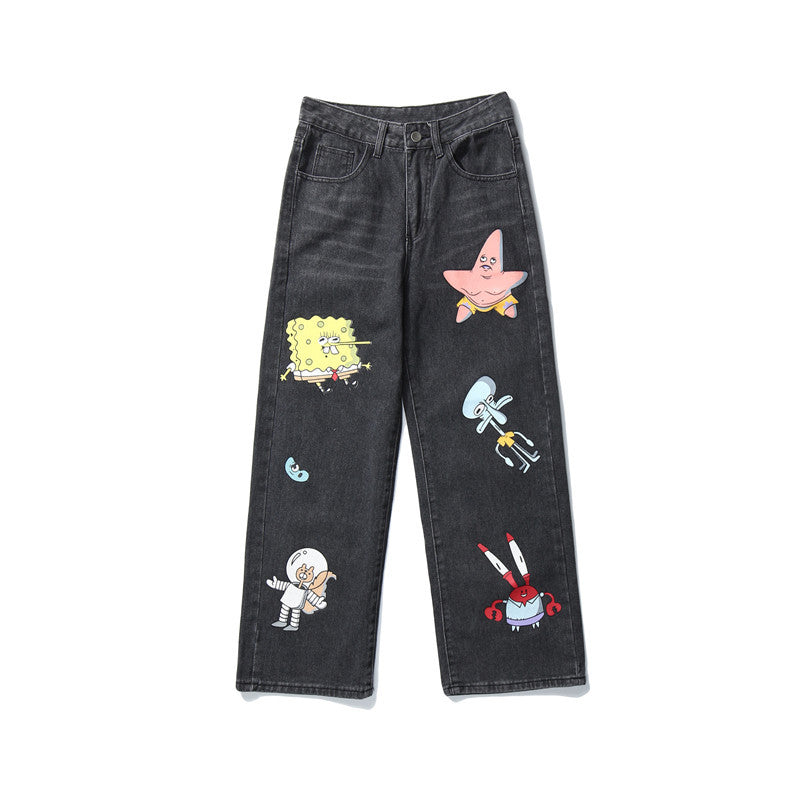 SpongeBob Cartoon Printed Jeans Men Baggy Straight Trousers Hip Hop Trend Casual plus Size Retro Sports Trousers Men Denim Pants