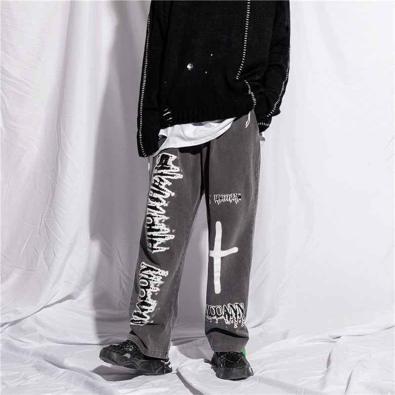 Cross Graffiti Printing Jeans Men Baggy Straight Trousers Elastic Waist Pants plus Size Retro Sports Trousers Men Denim Pants