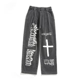 Cross Graffiti Printing Jeans Men Baggy Straight Trousers Elastic Waist Pants plus Size Retro Sports Trousers Men Denim Pants