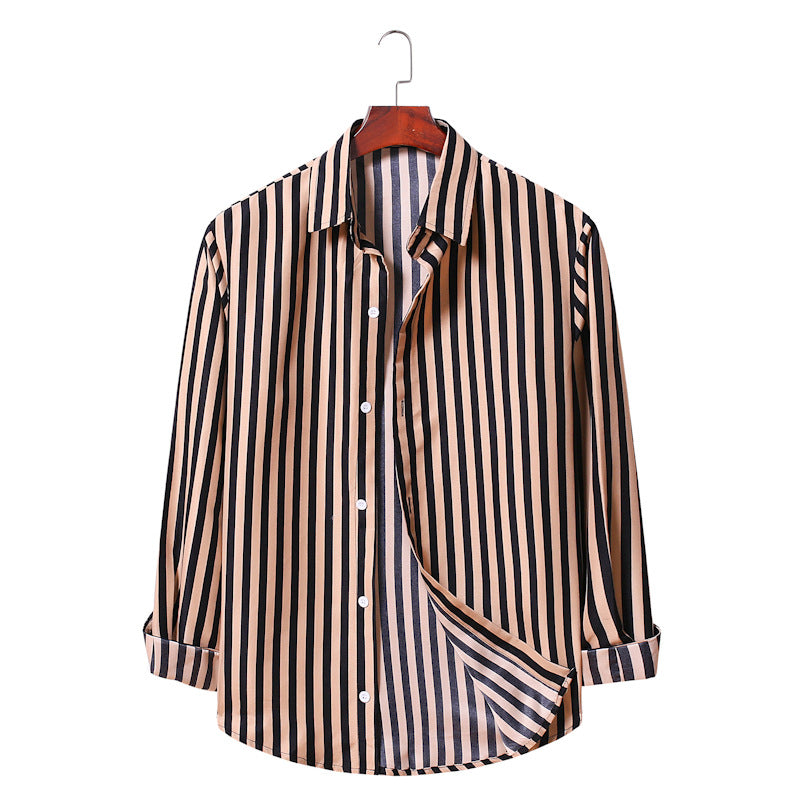 Men's Striped Long Sleeve Youth Fashion Business Casual Lining Large Size Retro Sports Men Shirt